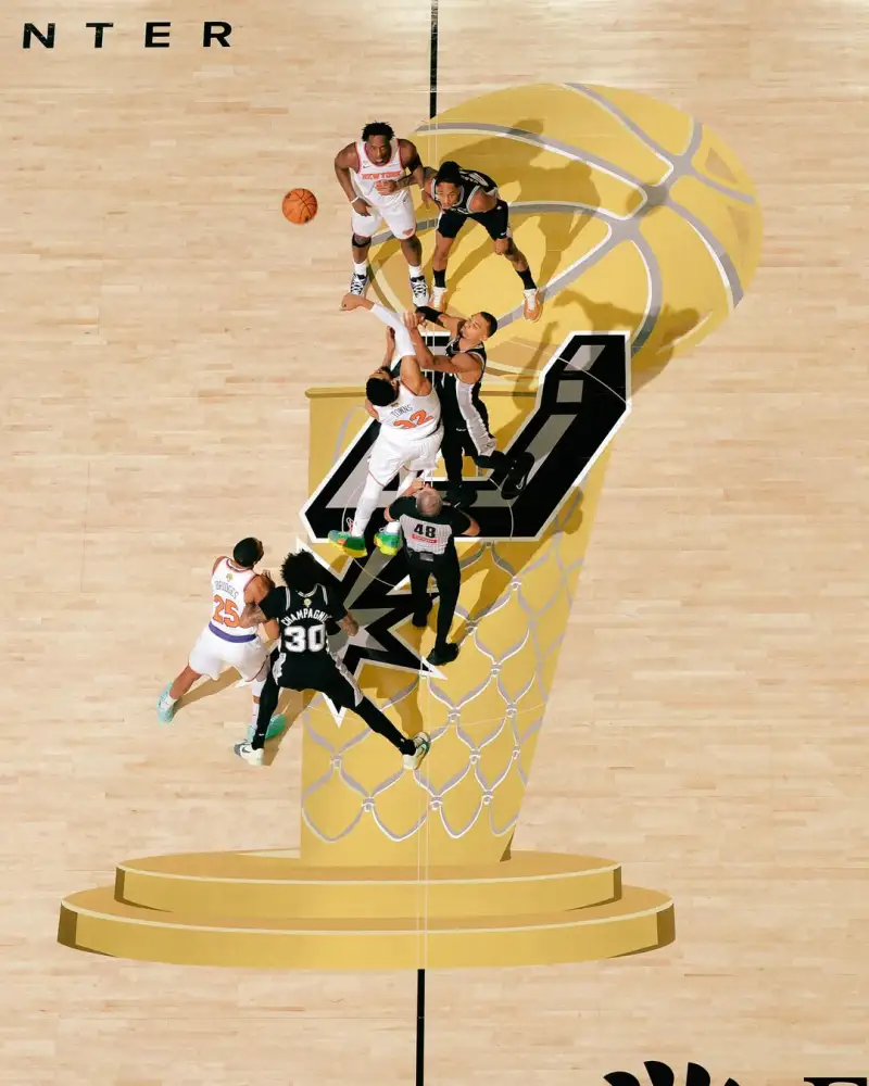 咪咕视频电脑版-NBA官方晒本场比赛球场中央跳球鸟瞰图:总决赛正在进行中